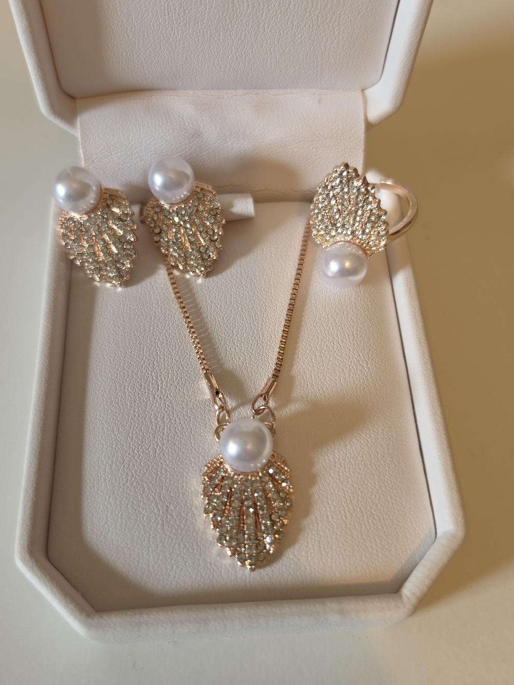 Pearl & Crystal Gold-Tone Jewelry Set - Necklace, Earrings, Ring